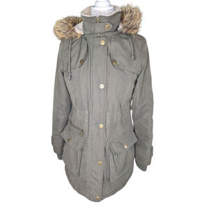 DKNY Women's Faux-Fur Hooded Parka Anorak Jacket Olive Green